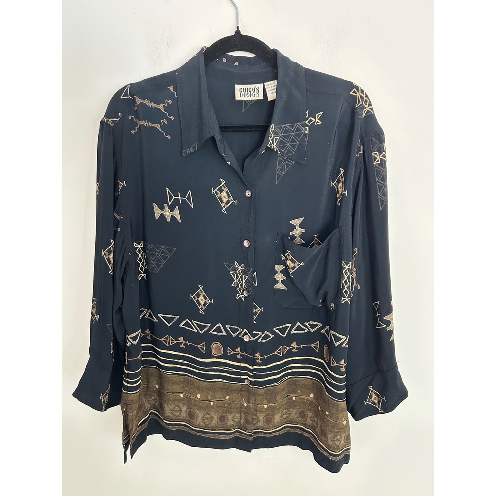 Chicos Design Vintage Rayon Button Down Shirt Black Gold Tribal Print Size‎ 2 L